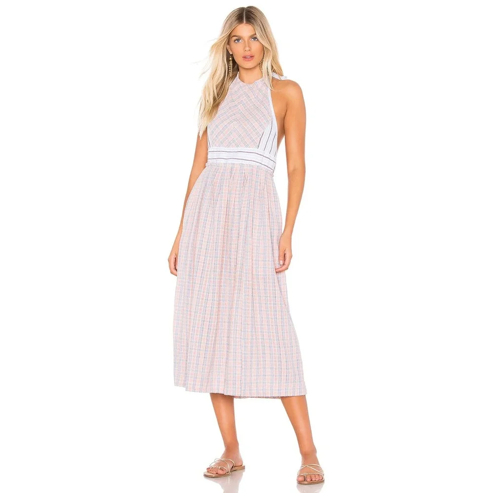 Free People Color Theory Midi Dress Pink Combo Size XS Plaid Backless Sleeveless